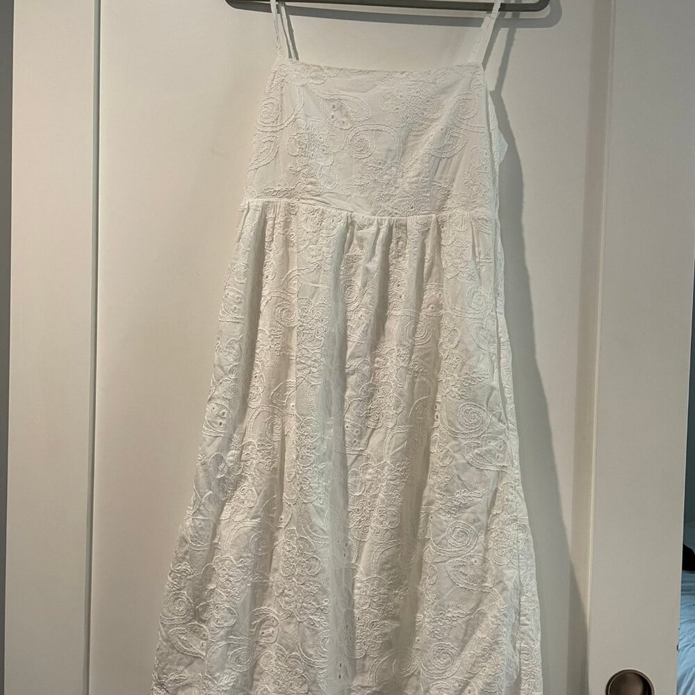 Nanette Lepore White Embroidered Eyelet Midi Dress Sz 4 w/ Pockets